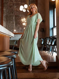 Vestido de dama de honor para mujer, escote en V, mangas con volantes, busto fruncido, largo hasta el suelo, de gasa, vestido formal para invitada de boda. 
