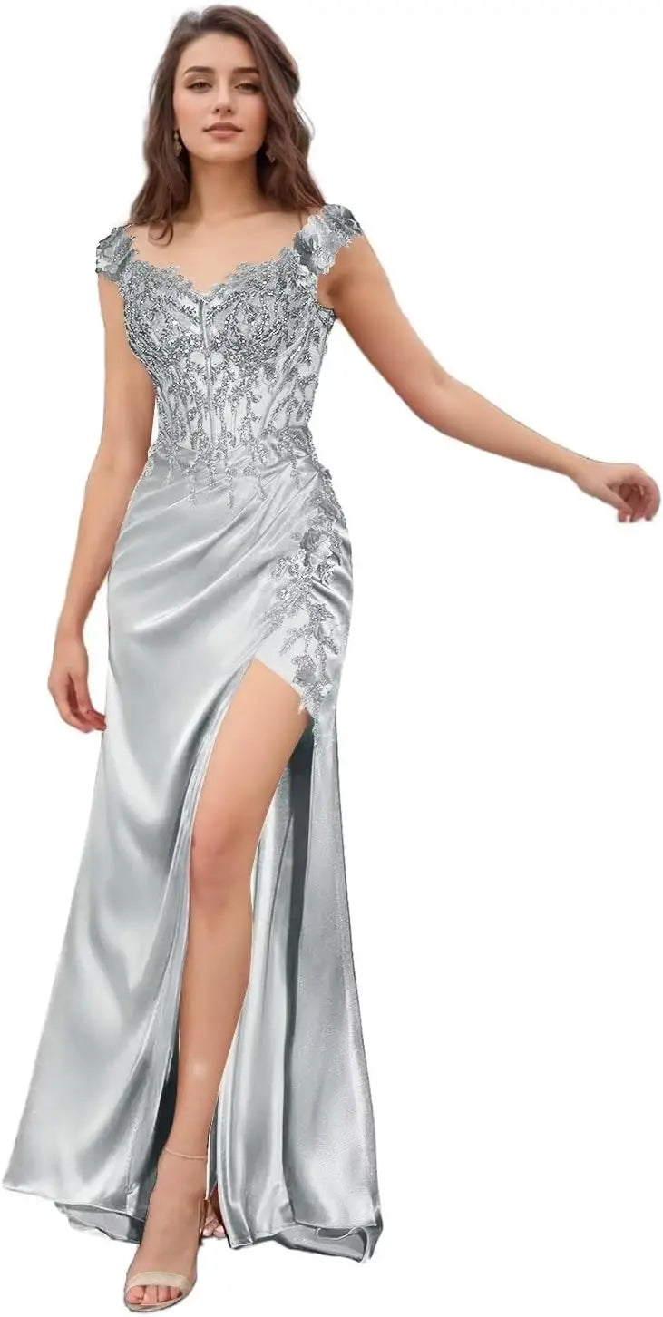 Elegant Satin Prom Dresses for Women Long 2025 3D Flower Lace Applique Off Shoulder Formal Evening Wedding Party Gown with Slit