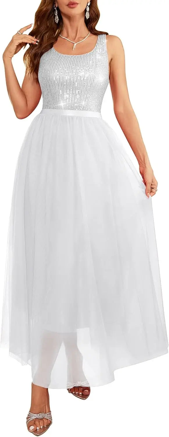 Sequin Dress for Woman Vintage A Line Wedding Formal Swing Mesh Prom Dress Sleeveless Cocktail Maxi Gowns