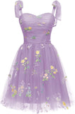 Vestidos cortos de fiesta para adolescentes con bordado de flores, tul, tirantes finos, largo hasta la rodilla, con margaritas y estampado floral. 