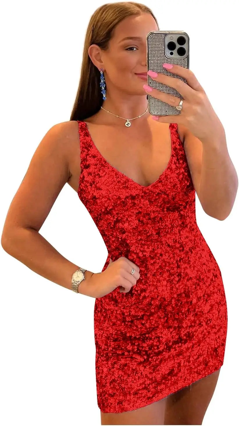 Kurze Pailletten-Heimkehrkleider für Teenager 2025 V-Ausschnitt funkelndes formelles Abschlussball-Partykleid Cocktailkleider Abschlussballkleider 