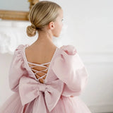 Birthday Holy Communion Banquet Princess Gowns Flower Girl Dresses Dusty Pink Pearls Neck With Bow Half Sleeve For Wedding