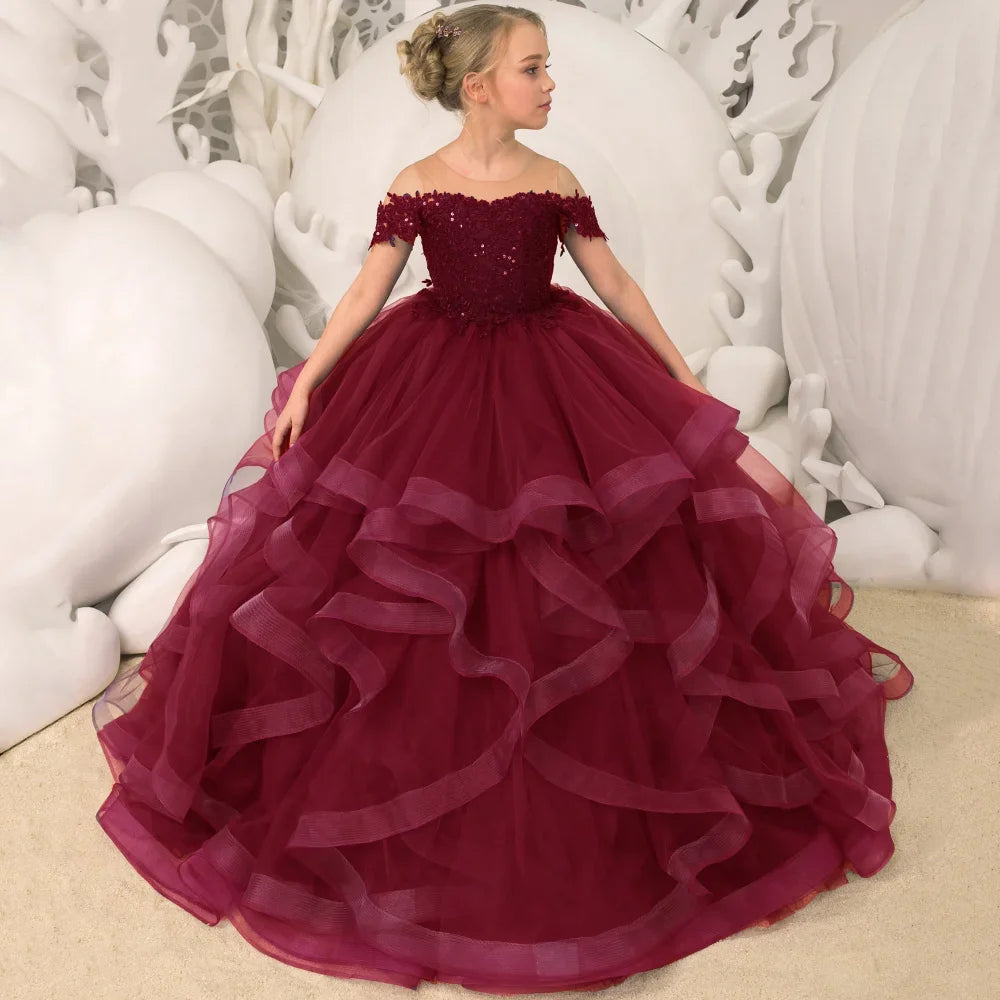Grape Purple Floral Appliques Tiered With Trailing For Wedding Birthday Party Banquet Gown Customized Flower Girl Dresses