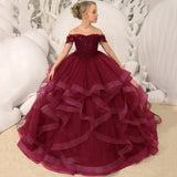 Grape Purple Floral Appliques Tiered With Trailing For Wedding Birthday Party Banquet Gown Customized Flower Girl Dresses