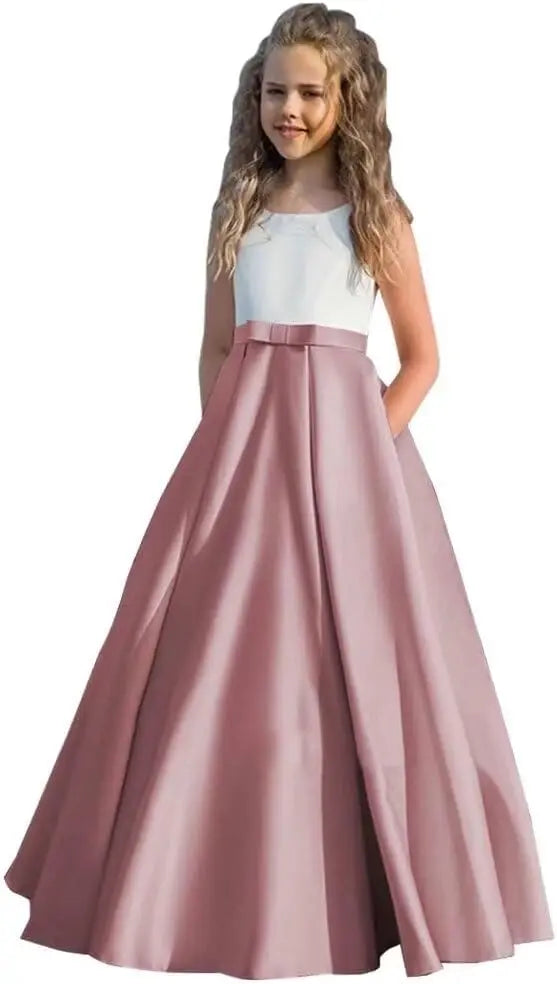 Satin Blumenmädchenkleid Erstkommunionkleid Kinder Hochzeit Ballkleider Prinzessin Party Mädchen Festzugskleider für Mädchen 