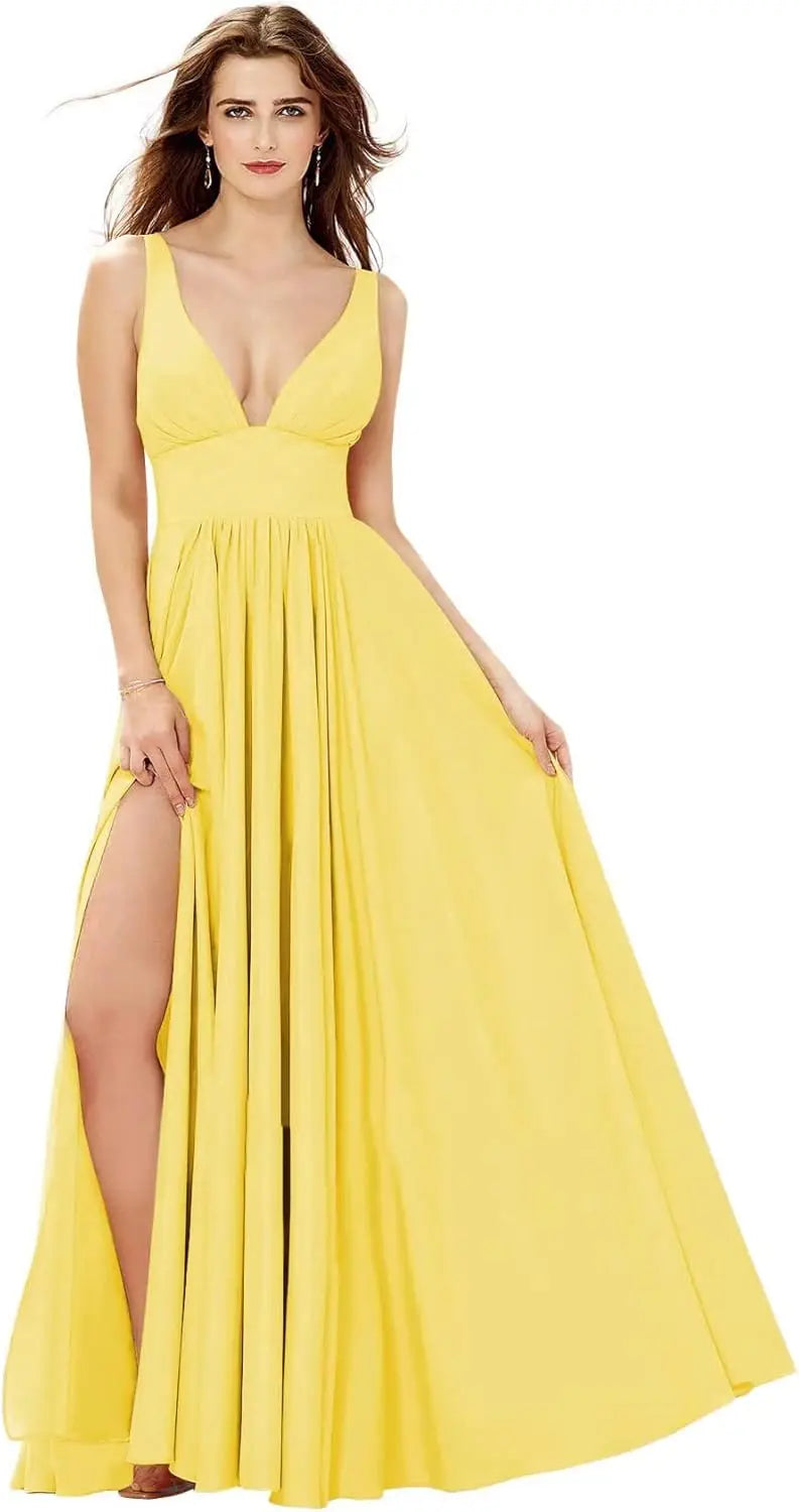 Elegant Women's Long Chiffon Bridesmaid Dresses Deep V-Neck Sleeveless Slit Formal Evening Party Gowns prom dresses