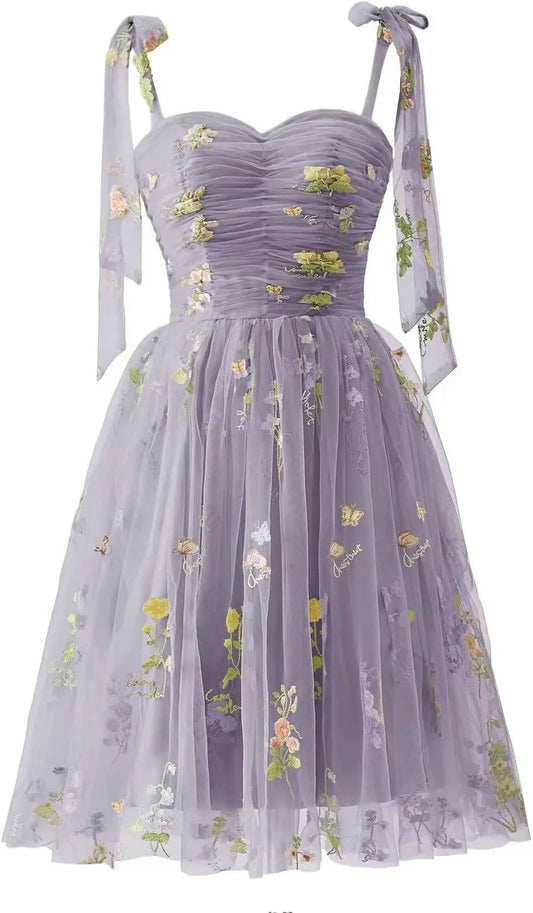 Kurzes Heimkehrkleid aus Tüll mit Blumenstickerei für Teenager, Mini-Spaghettiträger, formelles Abschlussball-/Abend-/Partykleid, Cocktailkleid 