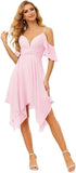 Women's Off Shoulder Chiffon Junior Bridesmaid Dresses Short Pockets Ruffle A Line Formal Dresses with Slit Wedding Party Gown