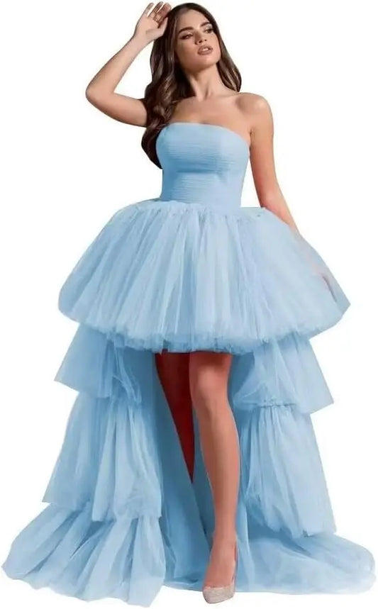 High Low Tüll Ballkleider Lange trägerlose gestufte Abendkleider A-Linie Abendkleid mit Schleppe Partykleider Damen Abend 