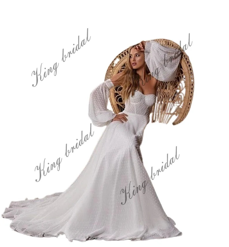 Bustier Gepunktetes seidiges Chiffonkleid Abnehmbare lange Ärmel Brautkleid Minimalistisches Hochzeitskleid Boho Custom Hochzeitskleid 