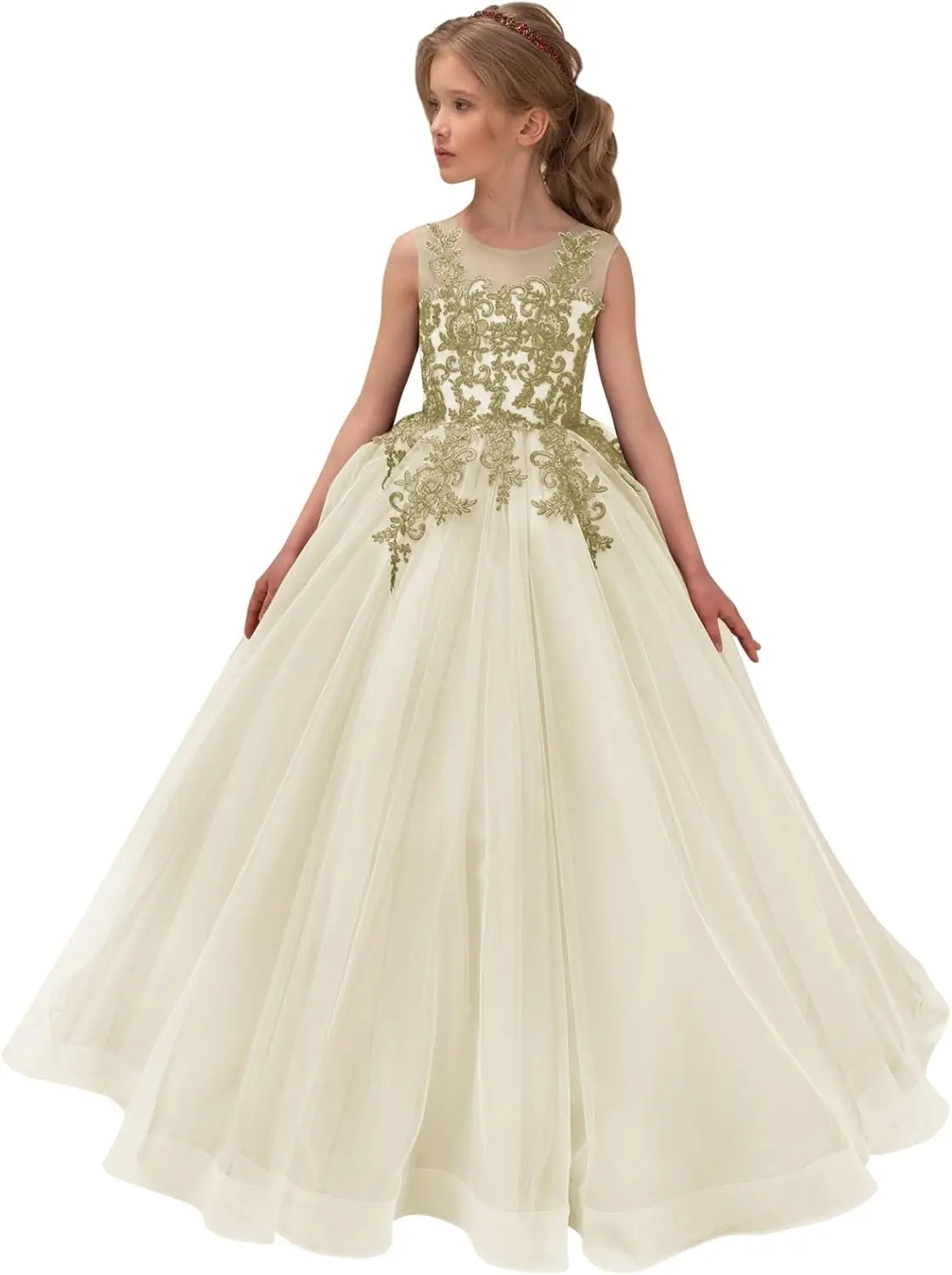 Festzugskleider für Mädchen, Spitzenapplikation, Blumenmädchenkleid, Tüll, Festzugskleid für Mädchen, lang, ärmellos, Prinzessinnen-Party-Ballkleid 