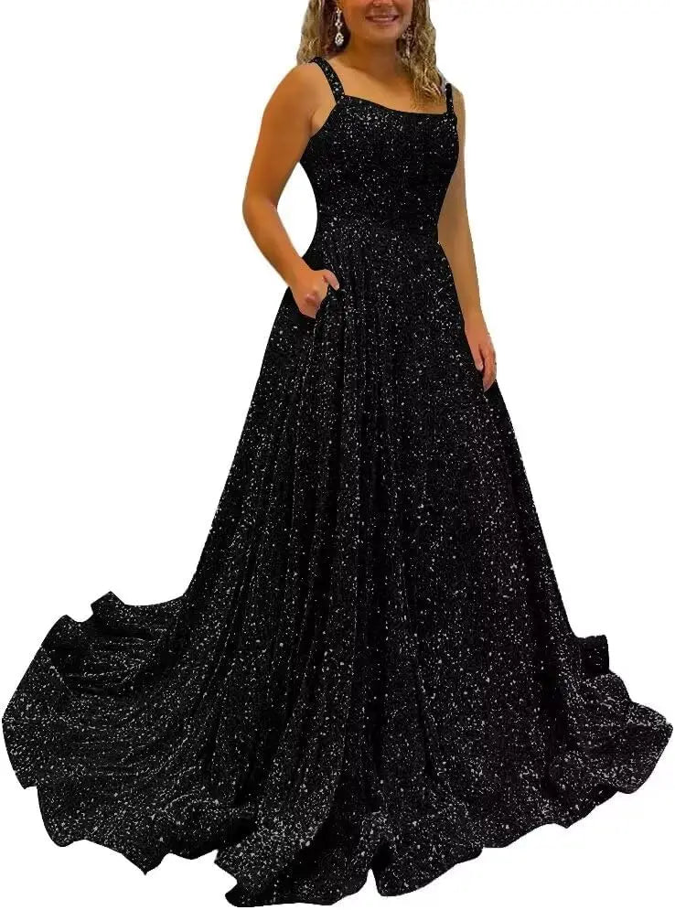 Vestidos de fiesta de satén con purpurina para mujer 2025, tirantes finos, corte A, abertura, noche, formales, con bolsillos 