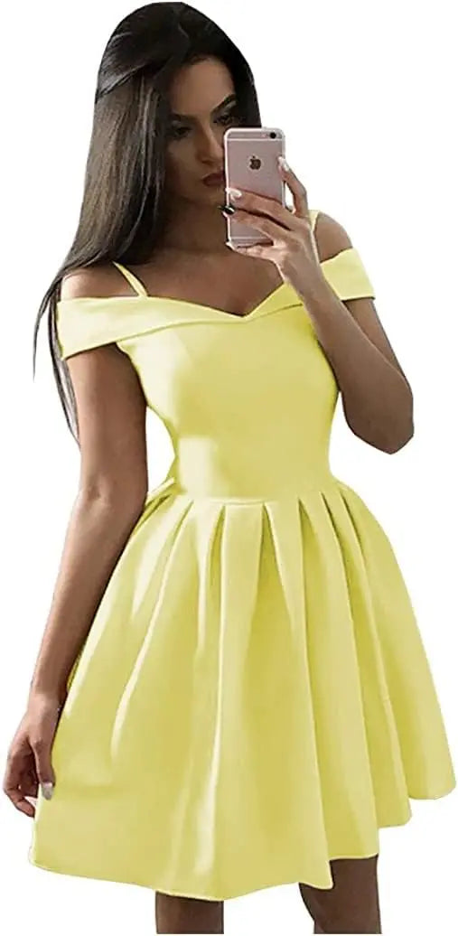 Vestidos cortos con hombros descubiertos para adolescentes (2025), vestido de fiesta con tirantes finos y bolsillos, vestido de dama de honor para fiesta de bodas. 