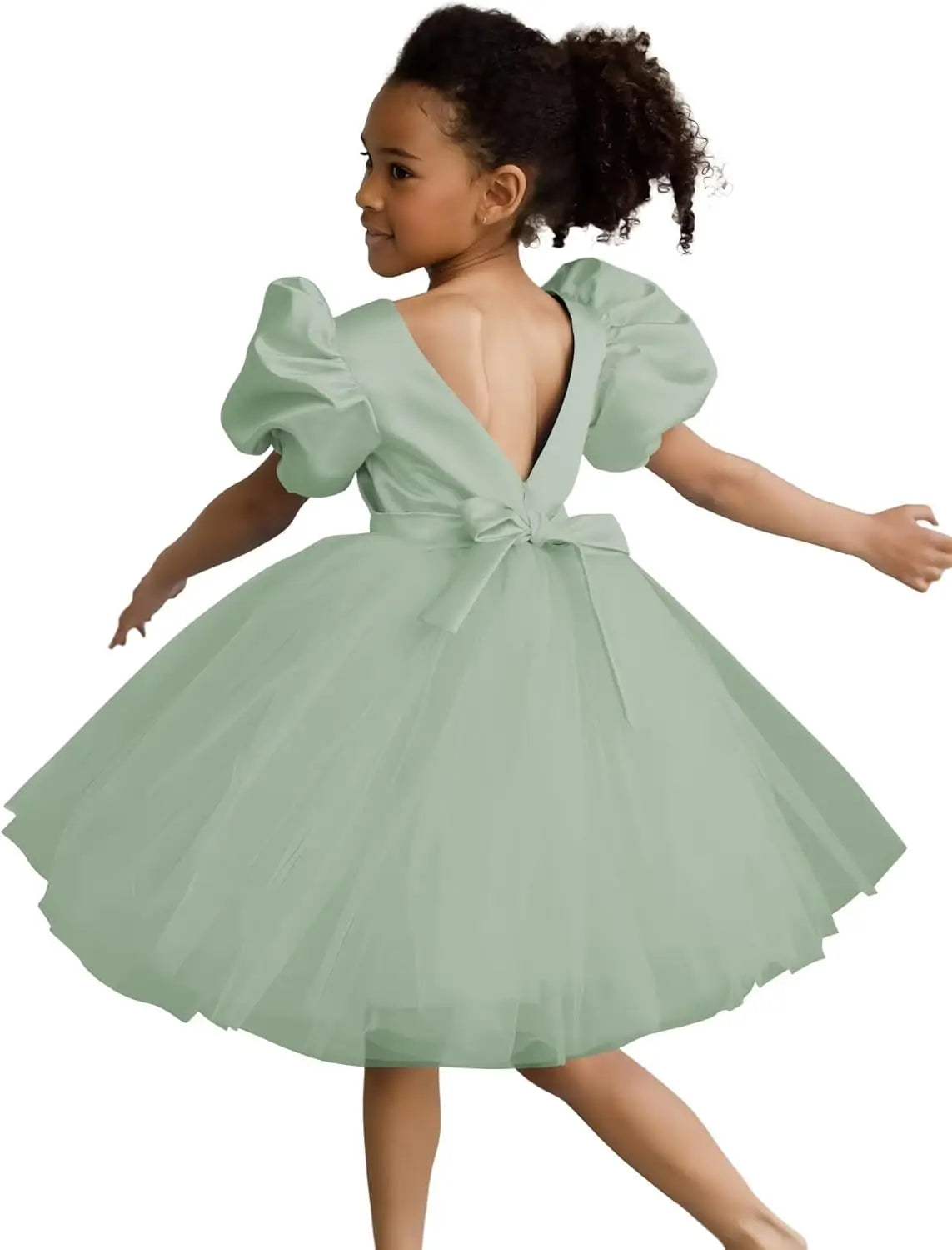 Vestidos de tul con mangas abullonadas para niña de las flores, para bodas, cumpleaños, fiestas, satén y tul con lazo. 