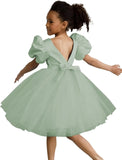 Vestidos de tul con mangas abullonadas para niña de las flores, para bodas, cumpleaños, fiestas, satén y tul con lazo. 