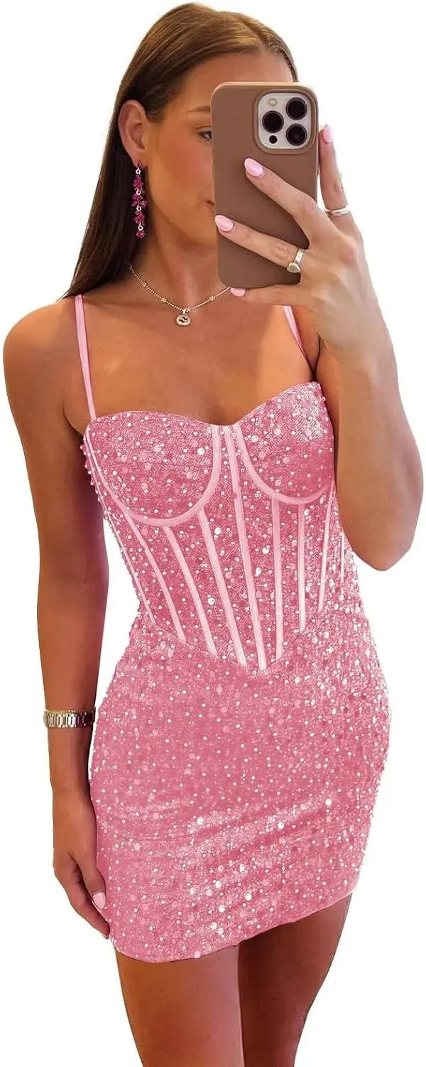 Vestidos de fiesta ajustados y cortos con lentejuelas brillantes para adolescentes, escote corazón y cuentas, vestidos de cóctel, vestidos de fiesta 