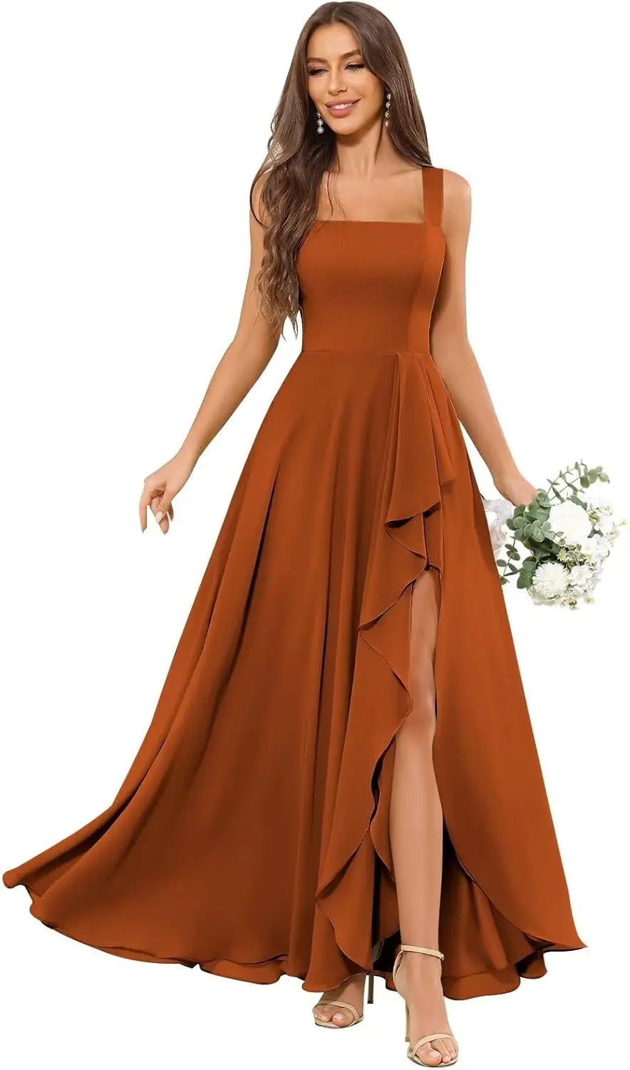 Chiffon Ruffle Bridesmaid Dresses for Women Square Neck Formal Evening Dress with Slit elegant dress women for wedding party