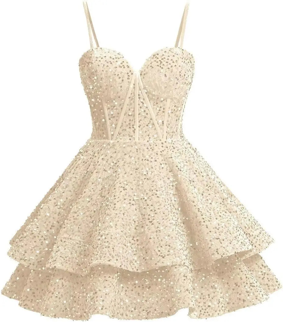 Vestidos de fiesta de graduación con lentejuelas brillantes para adolescentes, tirantes finos, corsé, vestido de cóctel con capas brillantes 