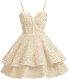 Vestidos de fiesta de graduación con lentejuelas brillantes para adolescentes, tirantes finos, corsé, vestido de cóctel con capas brillantes 