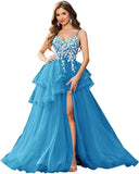 Vestidos de fiesta con apliques de encaje de tul y escote en V con abertura, vestidos de fiesta formales de noche con capas abullonadas, vestidos de baile largos 