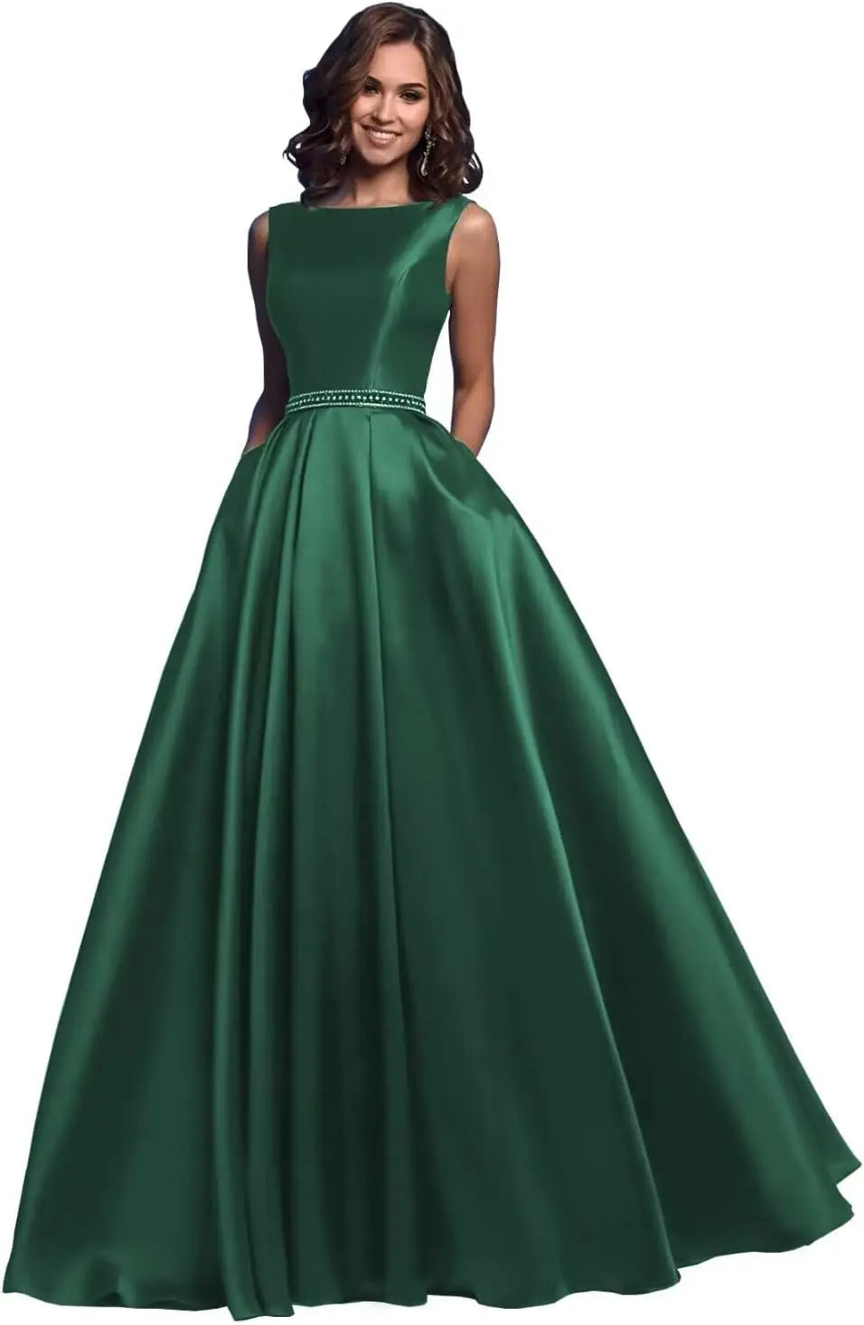 Damen A-Linie Satin Ballkleid Langes Ballkleid Gerafftes Perlenbesetztes Abendkleid Formales Partykleid mit Taschen 
