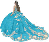 Gold Appliques Quinceanera Dresses with Train Spaghetti Strap Lace Sweet 16 Dresses Layered Ruffles Beaded Ball Gown