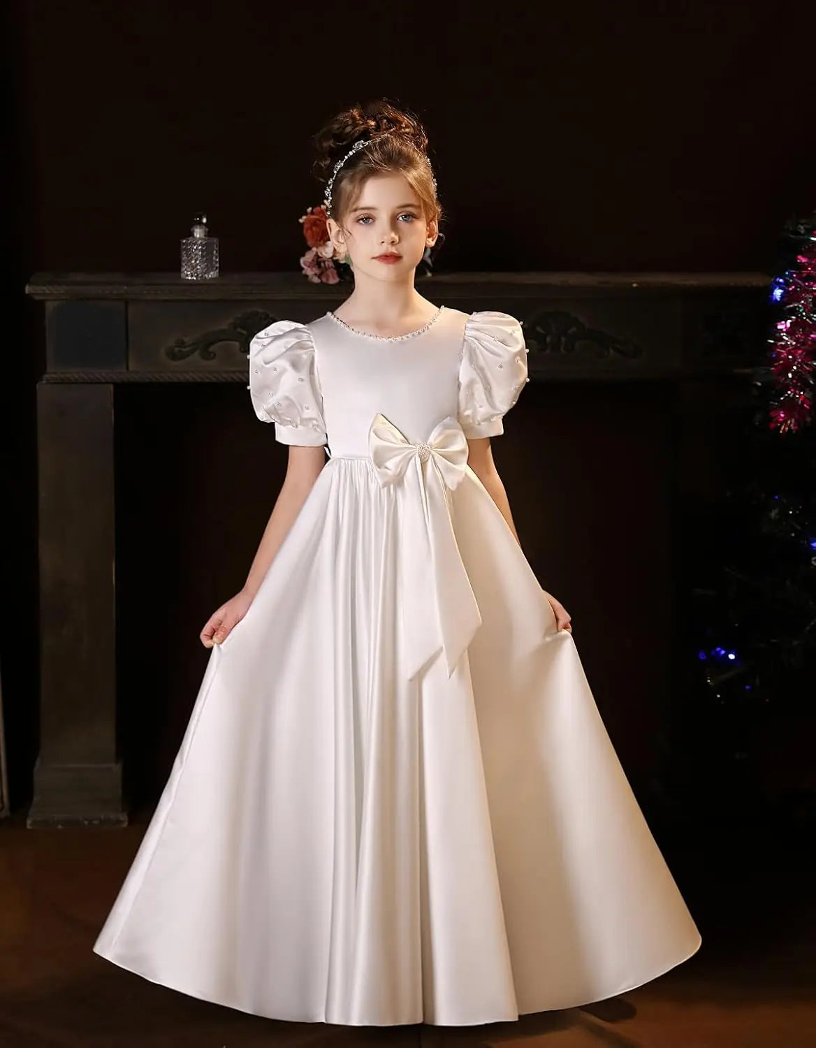 Satin First Communion Dress Flower Girl Dresses for Wedding Pearls Princess Pageant Dress with Bow-Knot