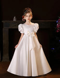 Satin First Communion Dress Flower Girl Dresses for Wedding Pearls Princess Pageant Dress with Bow-Knot
