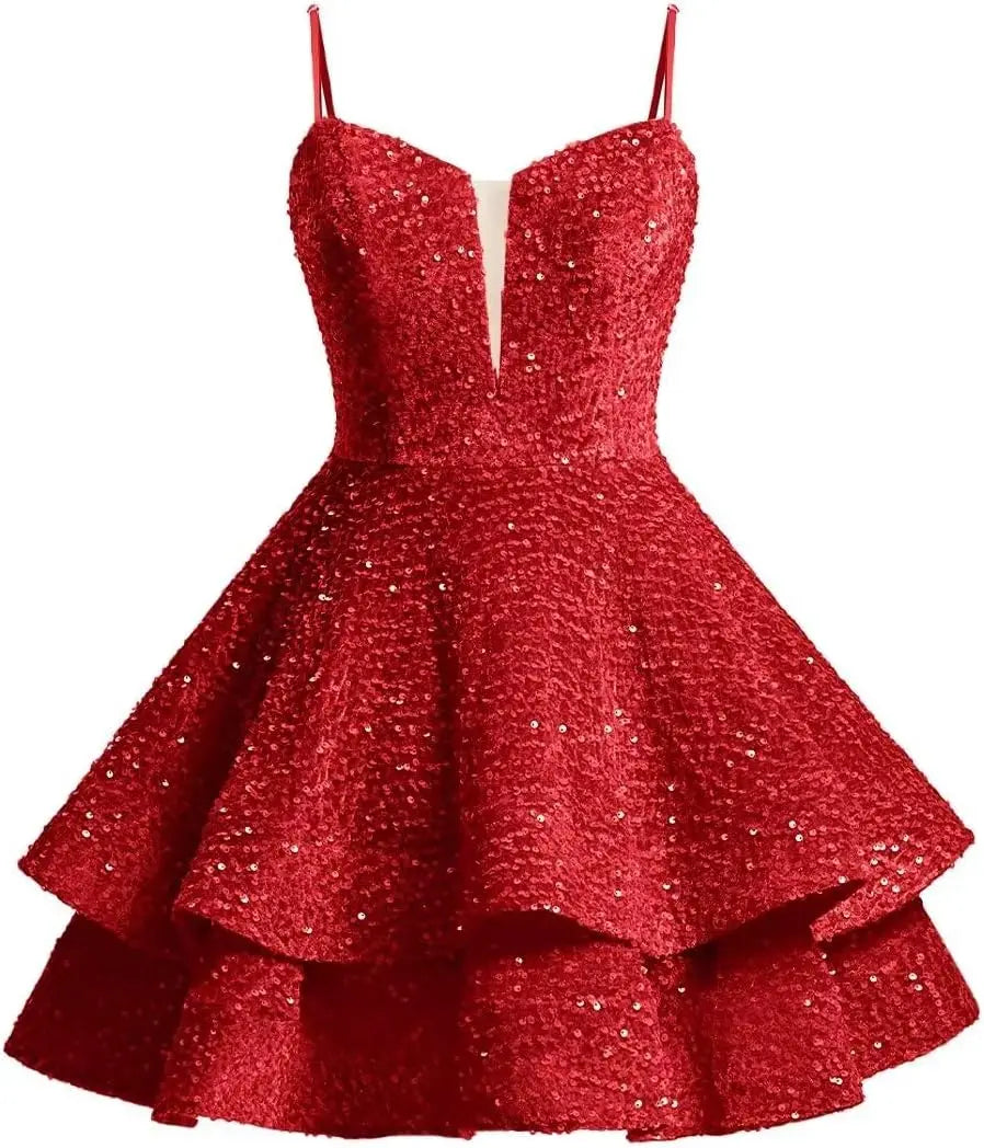 Vestidos de fiesta cortos con lentejuelas brillantes para adolescentes, de Pretty Girls Club, 2025, con tirantes finos, minivestido de cóctel formal con capas 