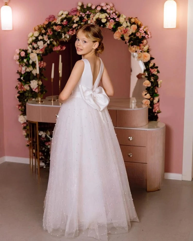 Tüllschleife Satin Blumenmädchenkleid Brautkleider Heilige Kommunion Elfenbeinkleid mit Perlen Mädchen Partykleid Prinzessin Ballkleid 