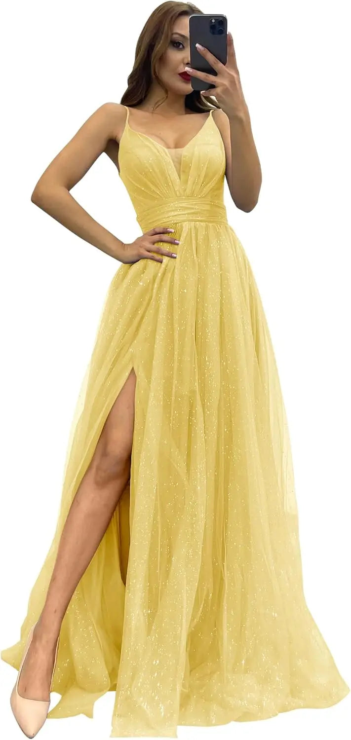2025 Sparkly Tulle Formal Prom Dress Pleated A-Line Ball Gown with Spaghetti Straps Slit for Women Evening Dresses