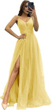 2025 Sparkly Tulle Formal Prom Dress Pleated A-Line Ball Gown with Spaghetti Straps Slit for Women Evening Dresses