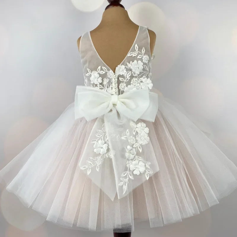 First Communion Dress Customized White Flower Girl Dresses for Wedding Sleeveless 3D Floral with Bow Floor Length Girl Birthday