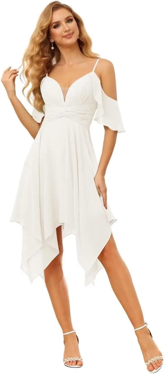 Women's Off Shoulder Chiffon Junior Bridesmaid Dresses Short Pockets Ruffle A Line Formal Dresses with Slit Wedding Party Gown