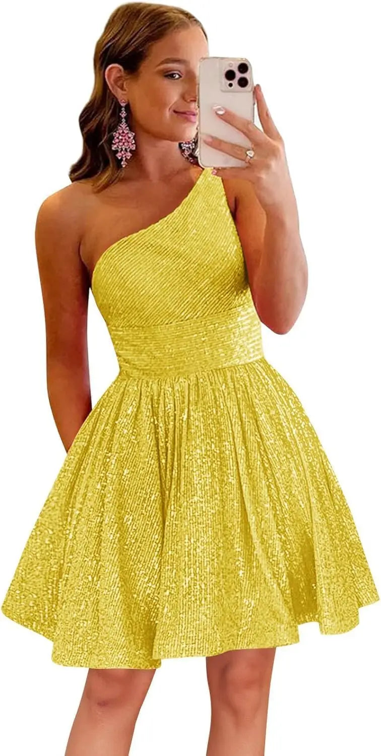 Vestido de fiesta corto con lentejuelas y un hombro brillante para mujeres y niñas. 