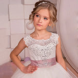 White Diamond Lace Appliques With Pink Bow Sleeveless For Wedding Birthday Party Banquet Gowns Customized Flower Girl Dresses
