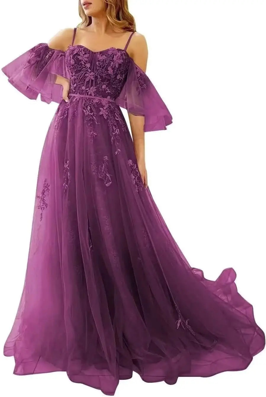 Lace Applique Tulle Prom Dresses Off Shoulder Puffy Sleeves Wedding Dress Long Women Sweetheart A Line Evening Gowns