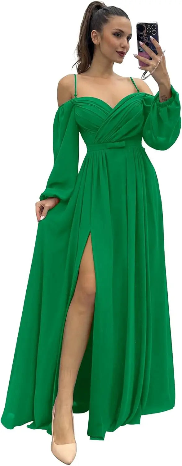 Vestido de dama de honor de manga larga para mujer, con tirantes finos, para invitada de boda, con abertura y bolsillos, vestido formal fruncido. 