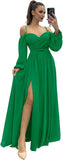 Vestido de dama de honor de manga larga para mujer, con tirantes finos, para invitada de boda, con abertura y bolsillos, vestido formal fruncido. 