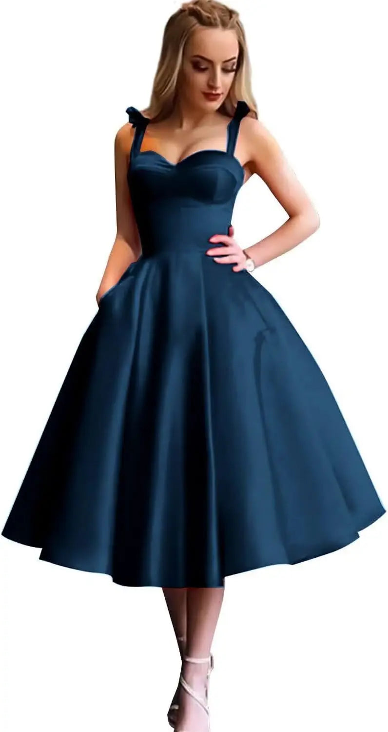 Damen Spaghettiträger Kurzes Satin Ballkleid Homecoming Kleid Sweetheart A-Linie Ballkleid Cocktailkleid mit Tasche 