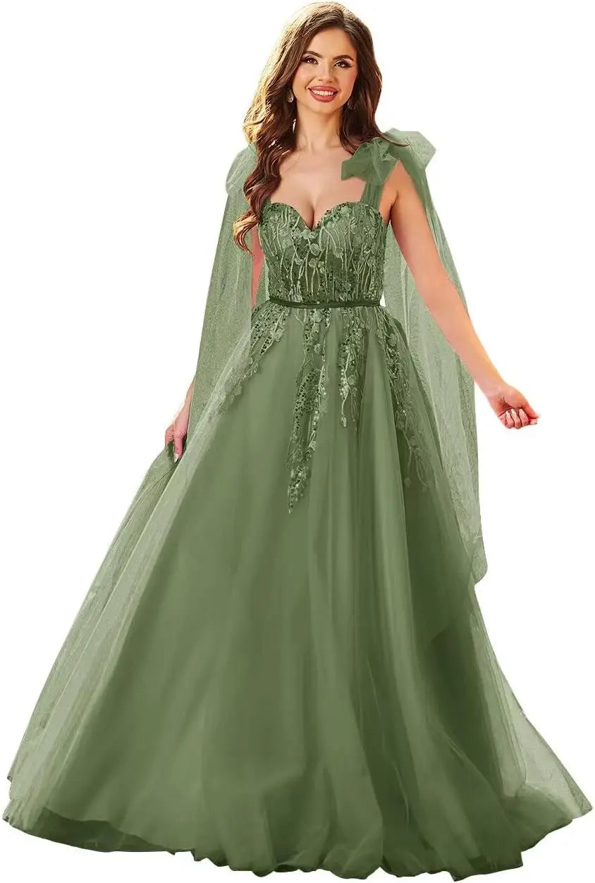 Vestidos de fiesta de tul con apliques de encaje para mujer, tirantes finos ajustables, vestidos de gala largos de corte A, vestidos de noche, vestidos de fiesta 