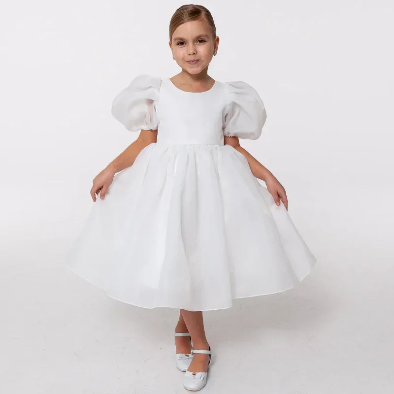 Blauer Tüll mit Schleife, kurze Ärmel, für Hochzeit, Geburtstag, Party, Bankett, Kommunion, Kleider für Blumenmädchen 