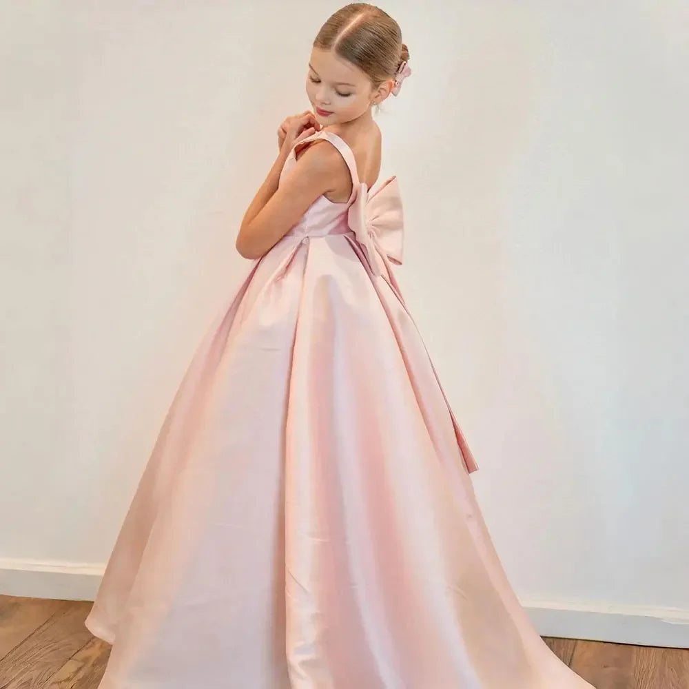 Rosa Blumenmädchen Prinzessin Kleider Festzug Kleid für Hochzeit Satin Schleife Ärmellos Kinder Baby Geburtstagsfeier Erstkommunion Kleider 