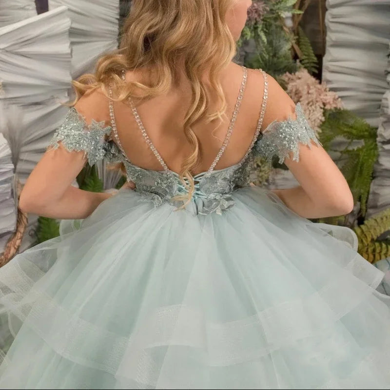 Vestidos de primera comunión elegantes y esponjosos para niña de las flores para boda, de tul con encaje y cuentas, hombros descubiertos, estilo princesa para fiesta 