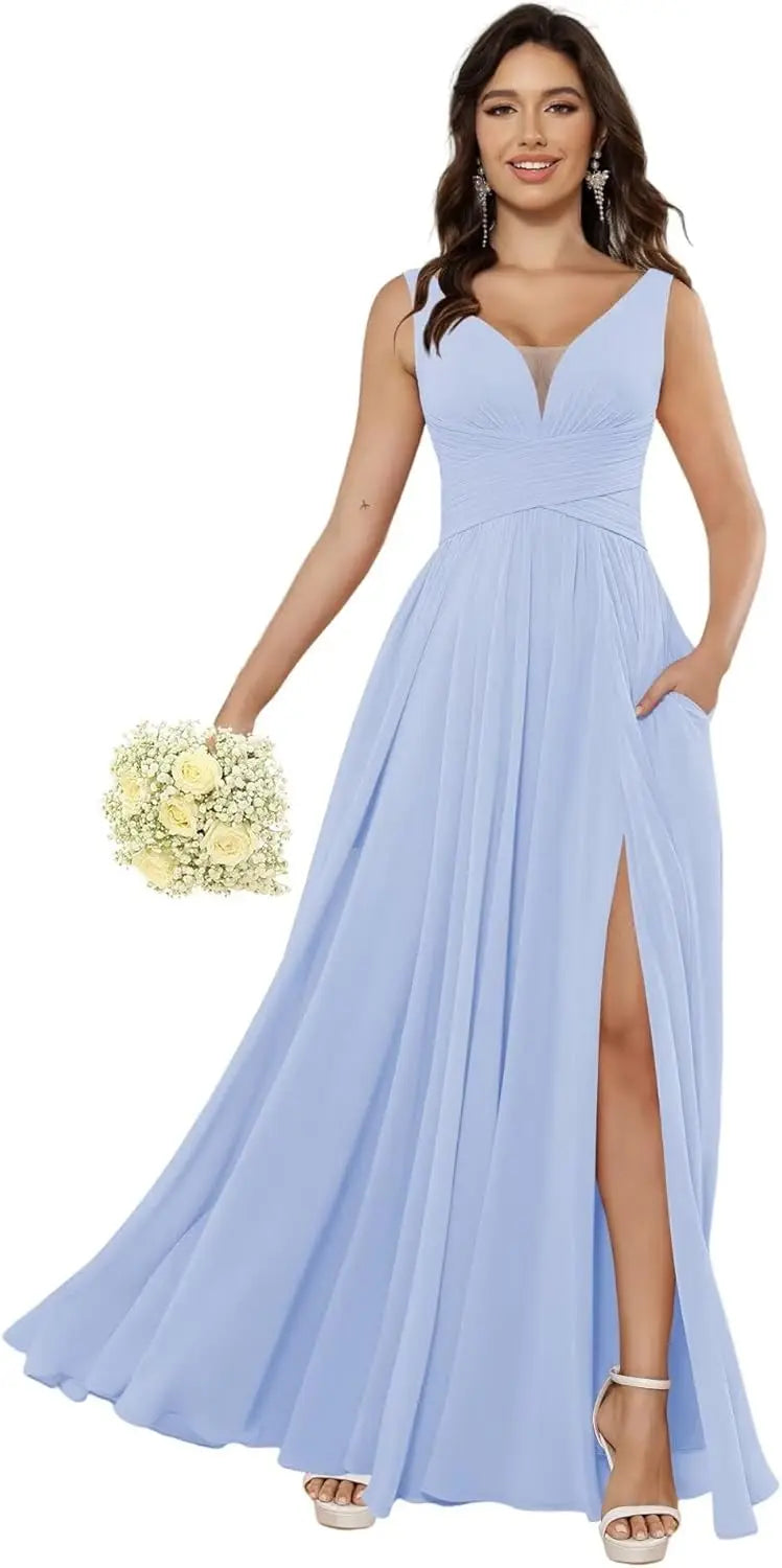 Custom Made Women's Simple Chiffon Bridesmaid Dresses with Pockets Long V Neck Formal Evening Prom Gowns Dresses with Slit