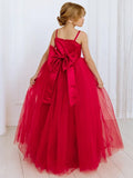 Princess Dress  Birthday Party First Communion Gowns Flower Girl Dresses Red Tulle Diamond Belt With Bow Sleeveless For Wedding