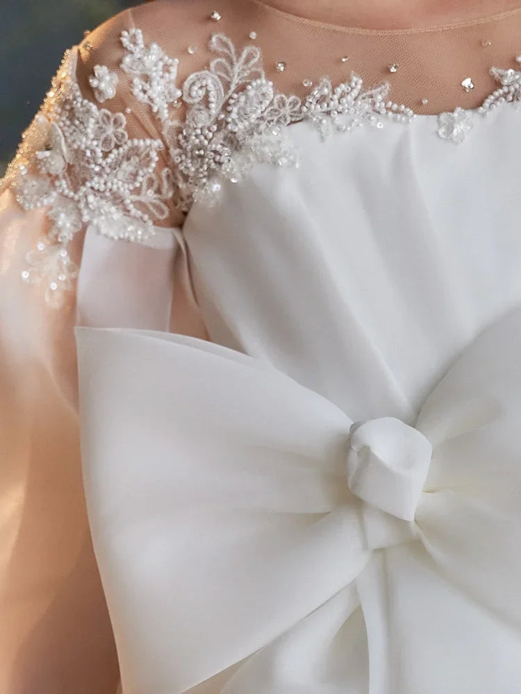 Apliques de satén blanco con cuentas de pedrería, lazo grande, manga larga para bodas, cumpleaños, banquetes, vestidos de princesa, vestidos de niña de las flores 