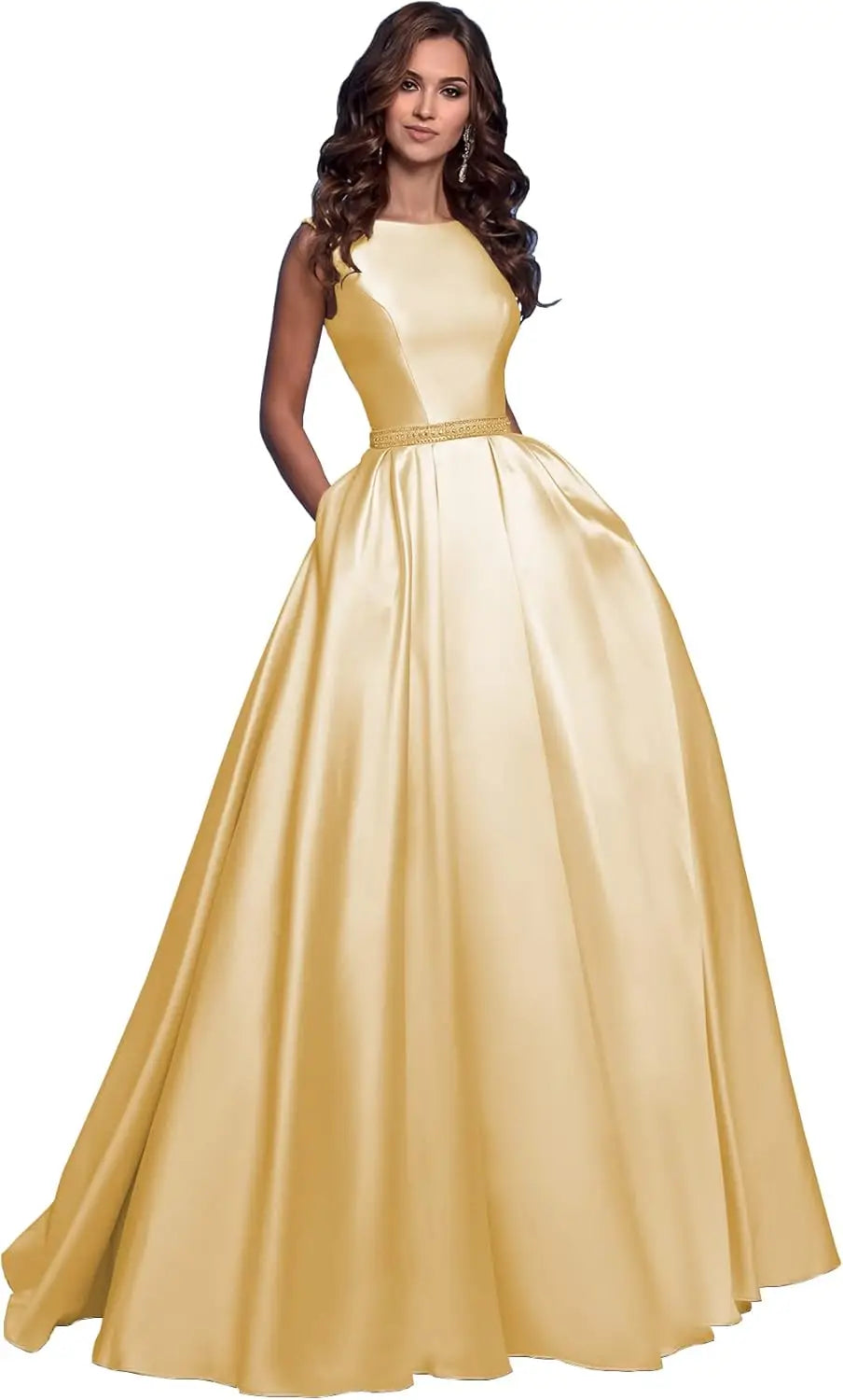 Damen A-Linie Satin Ballkleid Langes Ballkleid Gerafftes Perlenbesetztes Abendkleid Formales Partykleid mit Taschen 