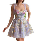 Brand Designers Evening Prom Holiday Dress For Women Formal Occasions 3D Flower Embroidery Straps Bow Sexy Tulle Sling Vestidos
