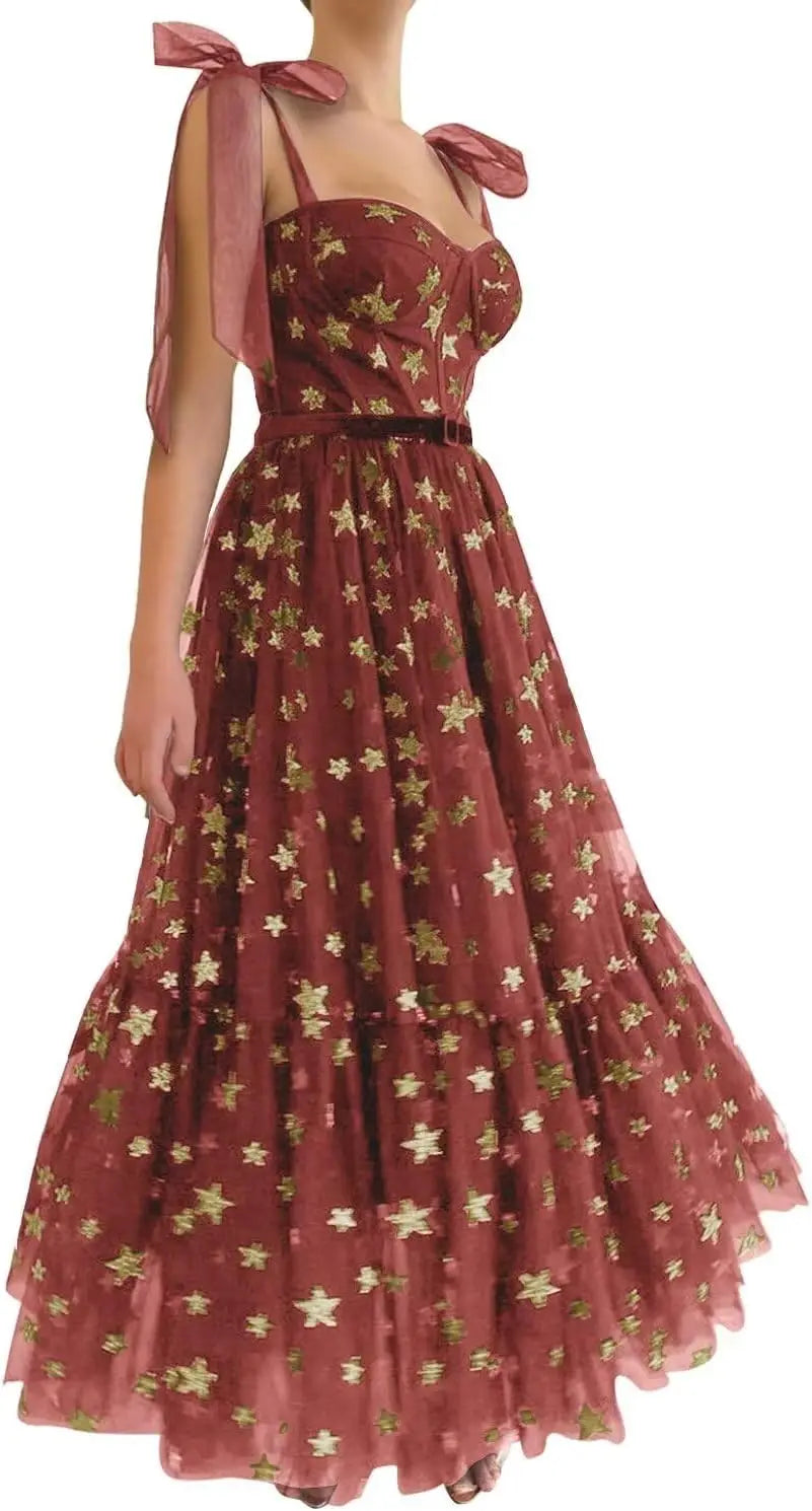 Custom Made Elegant Sparkly Starry Tulle Prom Club Dresses for Women Tea Length Glitter Star A Line Formal Evening Party Gown